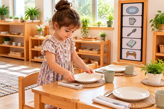 Child Washing Dishes During Practical Life Learning Activity