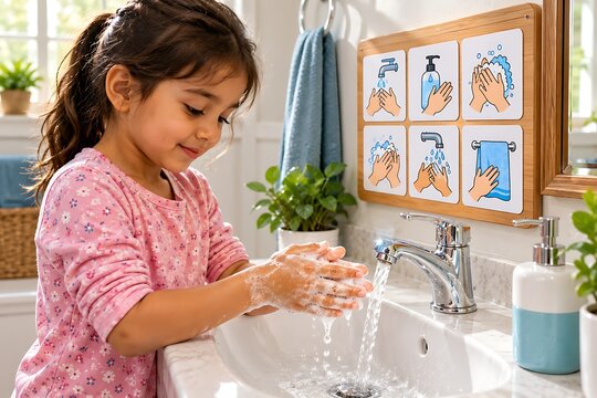 Child Washing Hands During Independent Hygiene Routine