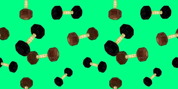Seamless pattern with black and brown dumbbells in various sizes on green background, dense fitness print, digital illustration