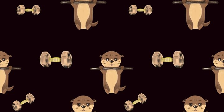 Seamless pattern with pastel drawn otter doing pull ups on horizontal bar and beige dumbbells on dark chocolate background, digital illustration