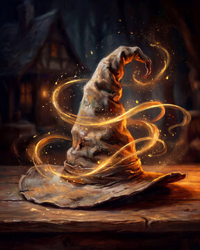 A mystical sorting hat glowing with magical sparks in a dark, enchanted setting.