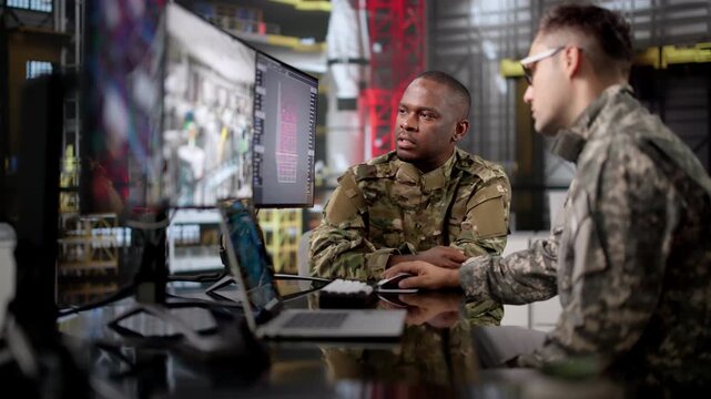 Military Officer Carefully Studies Rocket Engine Plans Using Laptop