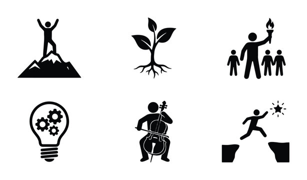 Achievement and growth icons set with person on mountain, plant, leader, lightbulb with gears, cellist and leap of faith for logo