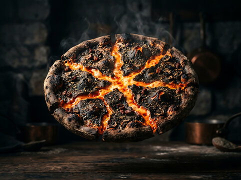 Levitating hot pizza with melted lava cheese in a rustic dark kitchen