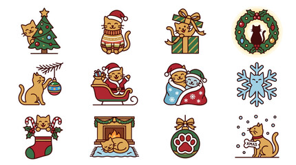 Obraz premium Cute cats celebrating Christmas with trees, Santa hats, gifts, and festive decorations.