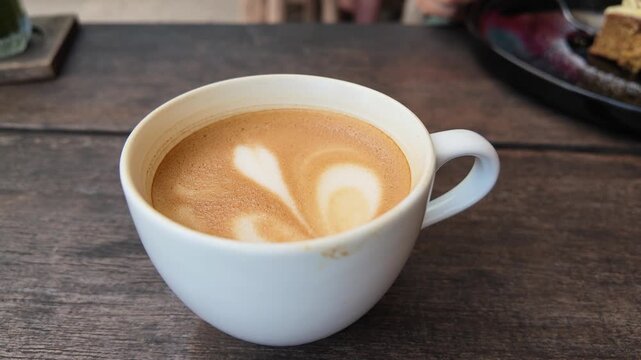 Close up of a warm white cup of coffee with latte art on a rustic dark wooden table surface, steam rising, perfect for cozy cafe and morning beverage atmosphere