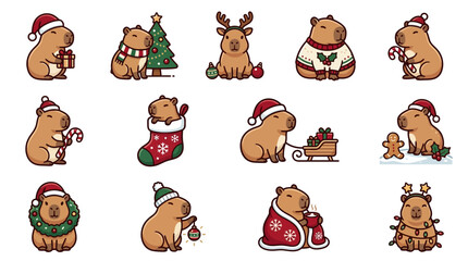 Obraz premium Capybara Christmas vector sticker collection showing cute rodents enjoying winter holidays with Santa hats, gifts, and festive decorations.