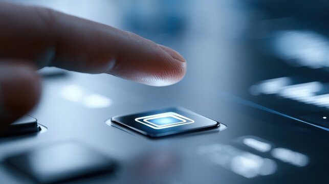 Finger touching a glowing digital button with a futuristic interface. The image conveys a sense of innovation and interaction with technology.