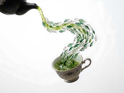 Green tea pouring from a teapot into a cup with surreal fish swimming