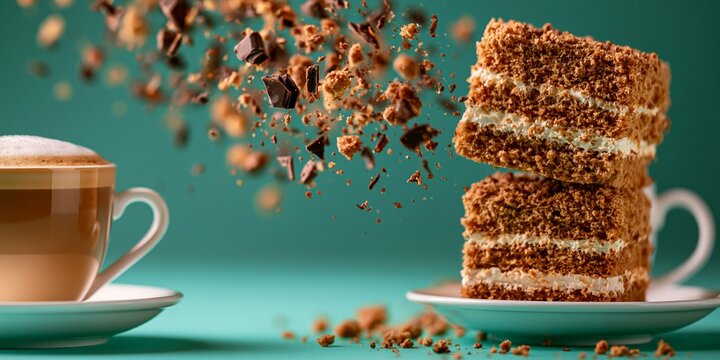 A cup of coffee sits next to a stack of chocolate cake with exploding crumbs on a teal background.