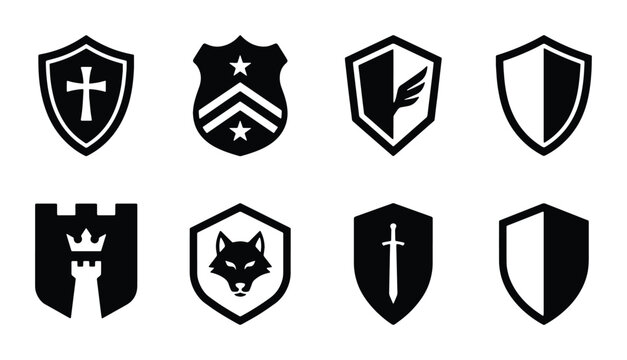 Shield silhouettes set with cross, castle, wolf, sword and wing for security or heraldry logo