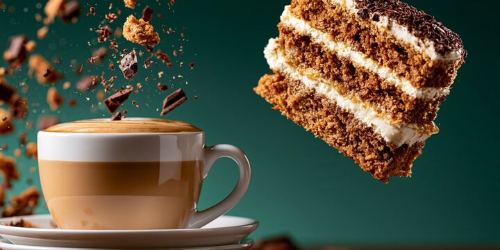 A delicious slice of layered cake floats next to a steaming cup of coffee with chocolate crumbs exploding around it.