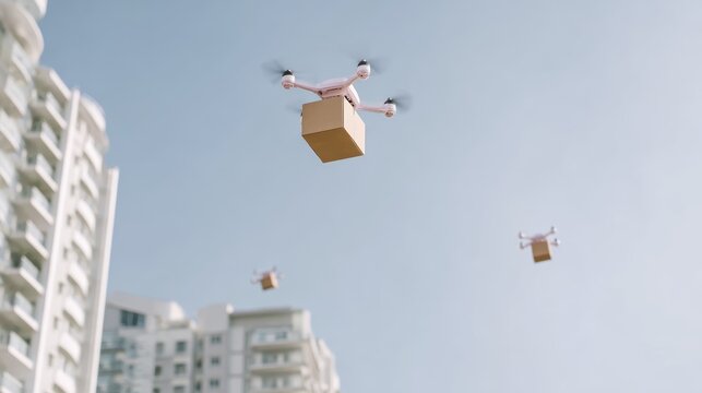 Drones delivering packages in an urban setting against a clear sky