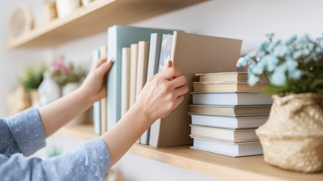 Organizing books on a shelf: hands arranging hardcover volumes for a cozy home library