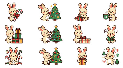 Fototapeta premium Cute cartoon rabbits celebrating Christmas with trees and gifts in a set of festive vector stickers.