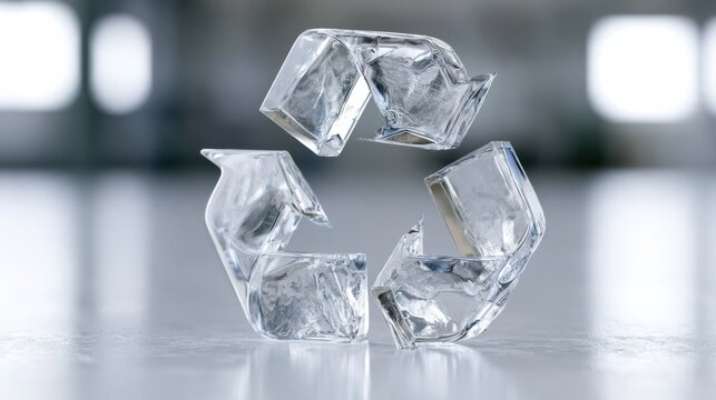 Recycling symbol made of clear ice cubes, representing cold and frozen ideas for environmental preservation