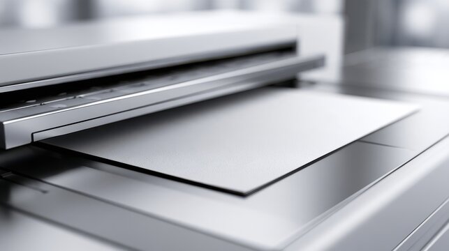 A close-up shot of a printer feeding a blank sheet of paper into its mechanism. The metallic finish of the machine suggests a modern and efficient design, ready to produce high-quality output.