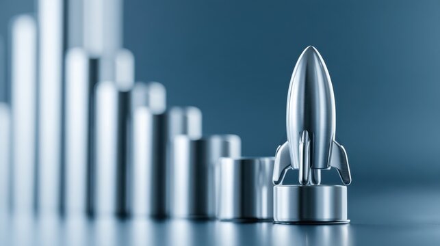 A silver rocket ship sitting on a platform, symbolizing business growth and progress, with a series of metallic bars in the background suggesting a rising graph