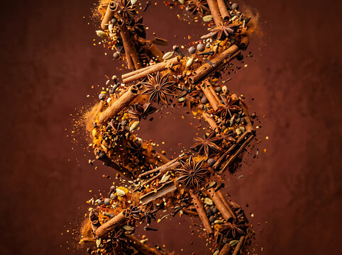 Cinnamon sticks and star anise spices swirling in a dynamic vortex