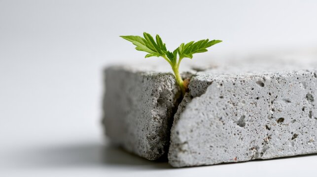 A small green sprout grows from a crack in a concrete block, symbolizing resilience and new beginnings