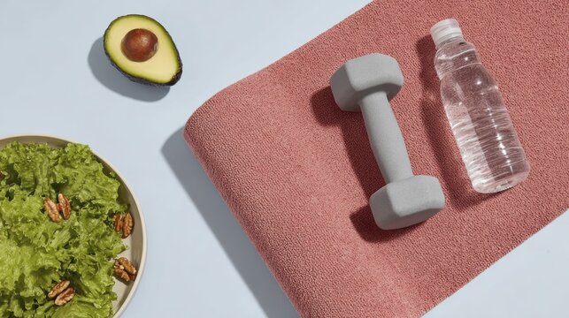 Healthy lifestyle essentials with dumbbell, water, avocado, and salad on towel