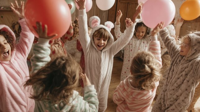 Joyful kids celebrating in cozy animal pajamas with colorful balloons