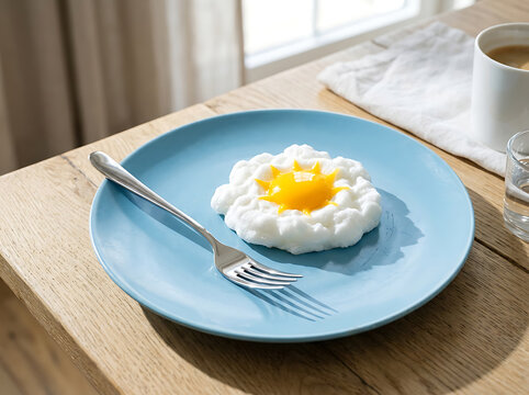 Surreal fried egg shaped like a sun on a blue plate with a fork on a