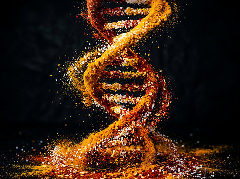DNA helix structure formed by colorful culinary spices isolated on a