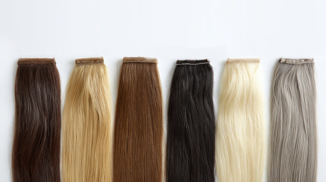 Variety of hair extensions in different colors on white background