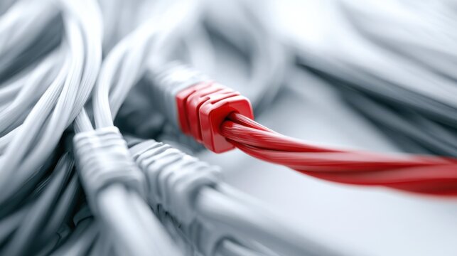 A single red cable stands out amongst a tangle of grey wires, symbolizing connectivity and innovation