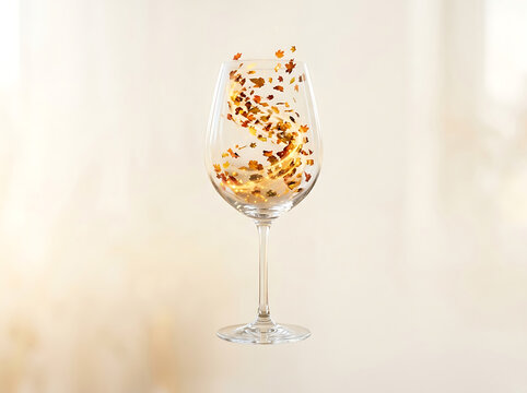 Autumn leaves swirling inside a clear wine glass against a soft