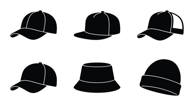6 headwear silhouettes set including baseball caps and bucket hats for fashion and sport
