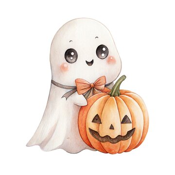 Cute watercolor illustration of a friendly ghost with an orange bow and pumpkin isolated