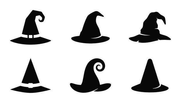 Witch hat silhouettes set with pointy and curled designs for Halloween and magic themes