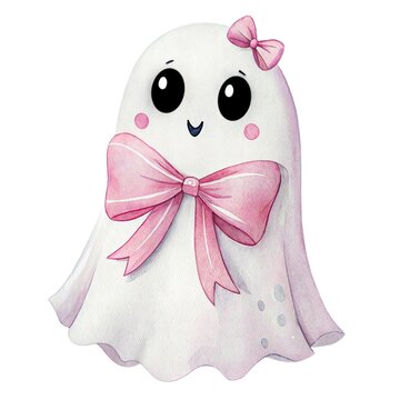 Cute watercolor illustration of a friendly smiling ghost with pink bows isolated