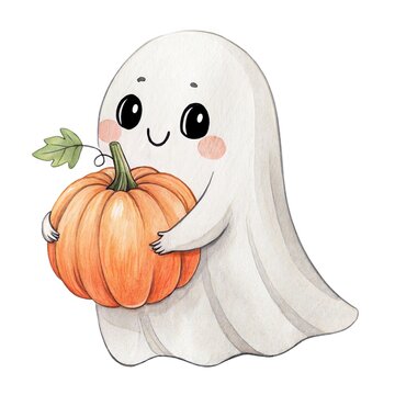 Cute watercolor illustration of a friendly ghost holding a pumpkin isolated