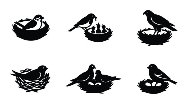 Bird silhouettes set with nests, parent feeding chicks and eggs for nature logo or icon