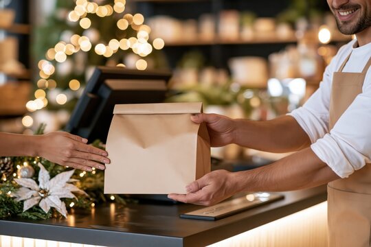 Smiling man in apron handing paper bag to customer at counter with festive lights and poinsettia decoration