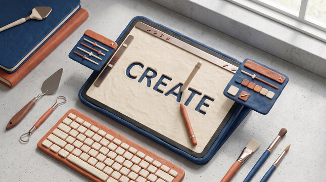 3D clay style creative workspace with a blank tablet screen, keyboard, and art tools, Digital art and graphic design workstation concept in 3D illustration.