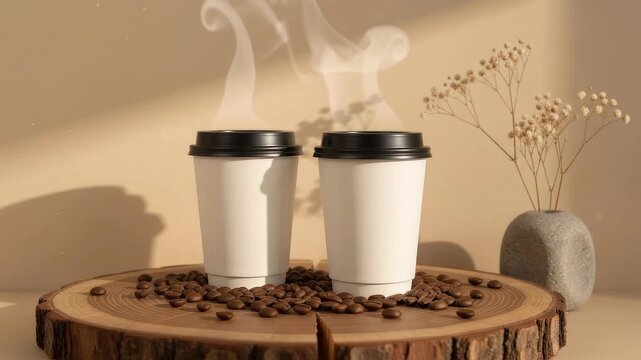 Two white coffee cups with black lids rest on rustic wood by roasted beans and dried flowers, warm golden sunlight glowing on a beige wall.