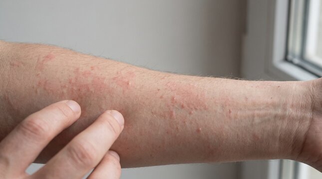 Close-up of hand touching red rash and hives on forearm skin
