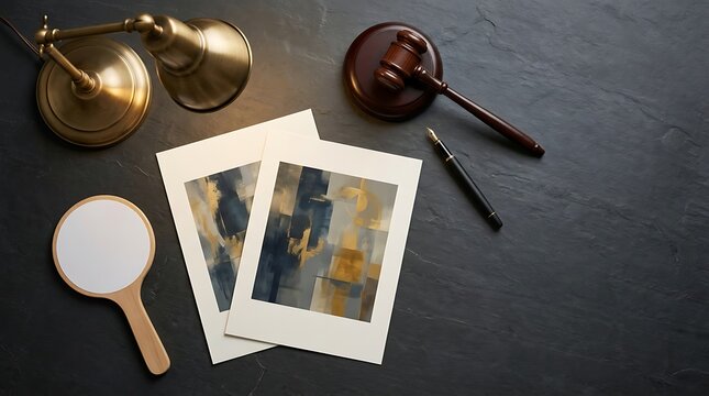 Auctioneer's gavel and art pieces on a dark stone desk with lamp and magnifying glass.