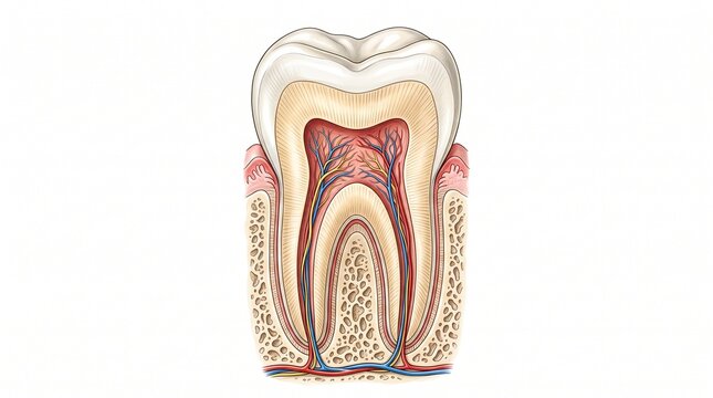 Hand drawn human tooth cross section with dimensional shading showing accurate enamel dentin and pulp layers. Scientifically precise dental illustration isolated on white background for publishing.