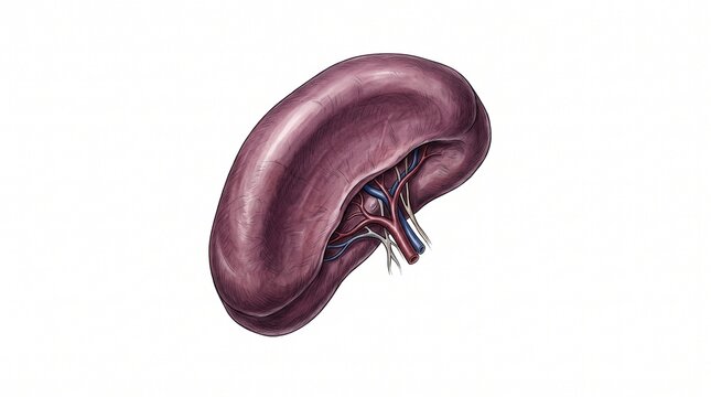 Hand drawn human spleen with dimensional shading showing accurate oval shape and hilum structure. Scientifically precise hematology illustration isolated on white background for medical publishing.