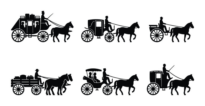 Horse-drawn carriage silhouettes set with stagecoach, wagon and coach, travel and transport