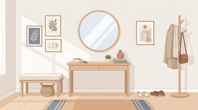Modern minimalist entryway interior with wooden console table round mirror and coat rack in a bright home