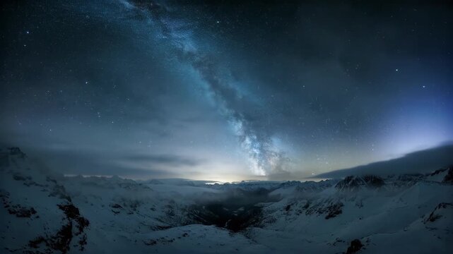 Milky Way Galaxy Arches over Snow Capped Mountain Peaks at Night in Cinematic Wide Shot