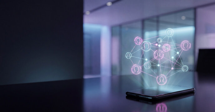 Smartphone projecting glowing futuristic social media network hologram inside a modern corporate office interior