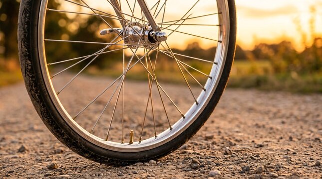 Polished chrome bicycle wheel with intricate spokes glows in golden hour light, the vintage tire on a gravel path fading into soft bokeh.