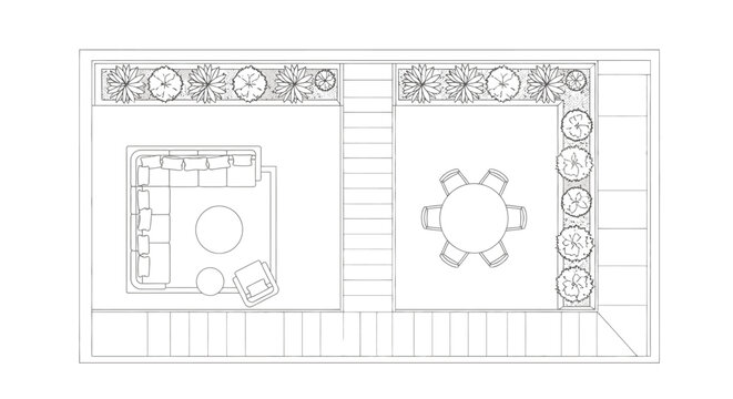 Floor plan depicts a detailed architectural layout of a modern outdoor patio space featuring arranged furniture and circular tables surrounded by lush greenery.